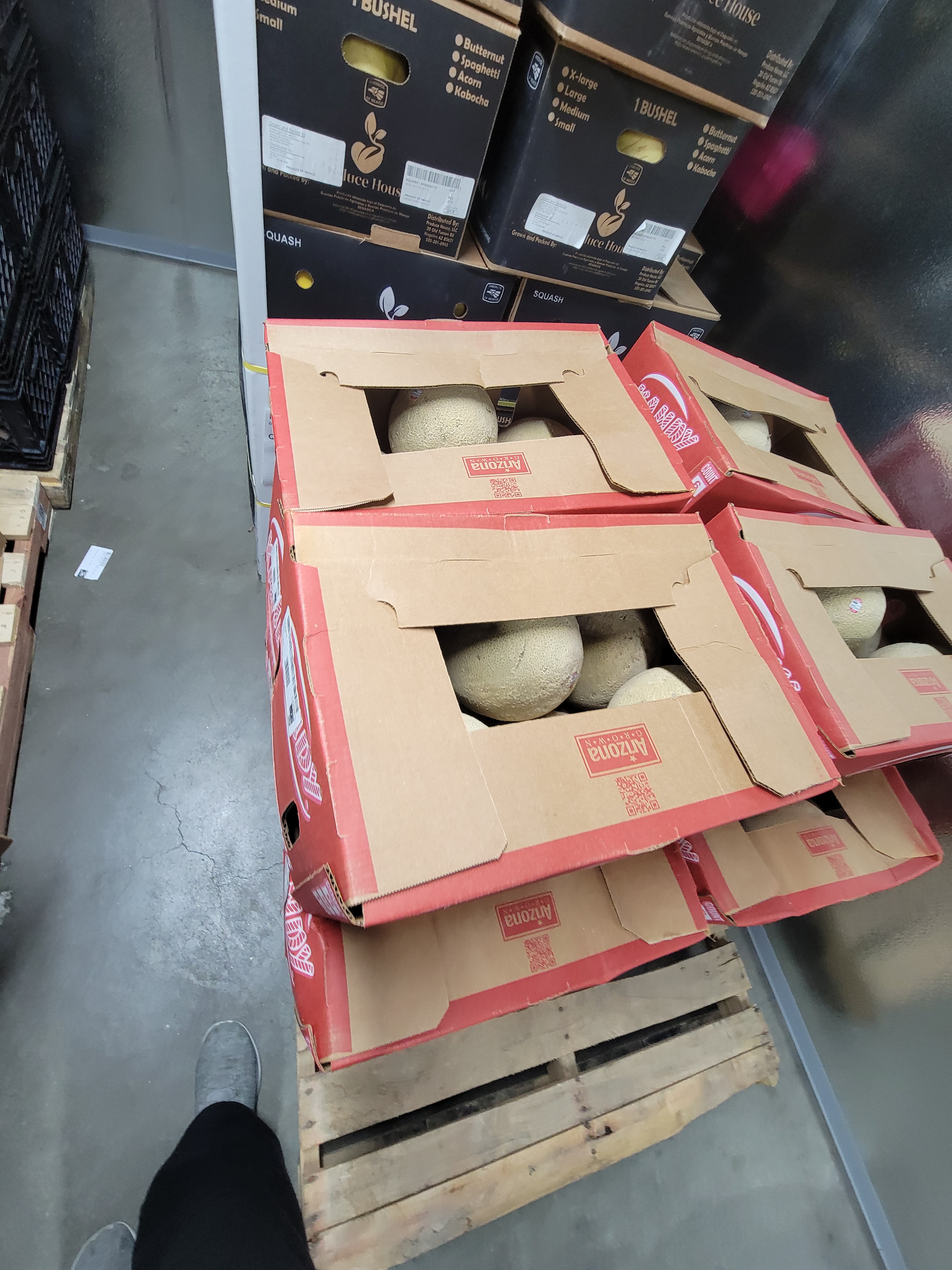 Pallet of boxes of butternut and pallet of boxes of cantaloupe next to each other.